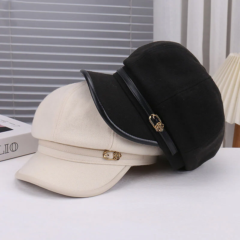 Women's Wool-Blend Leather Strap Rose Beret Hat - Image 6
