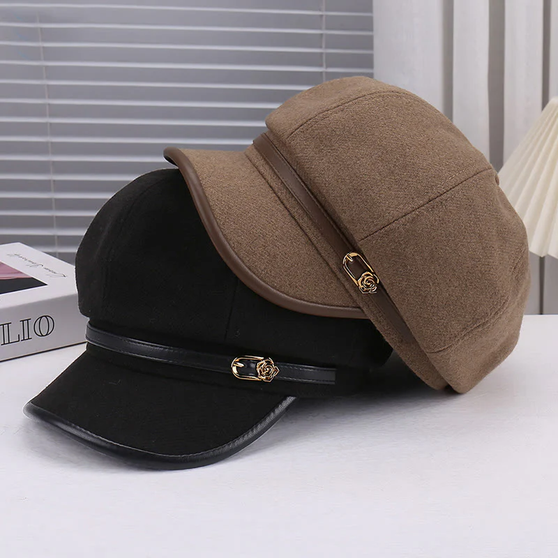 Women's Wool-Blend Leather Strap Rose Beret Hat - Image 7