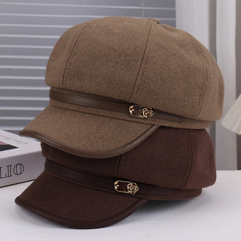 Women's Wool-Blend Leather Strap Rose Beret Hat - Image 8