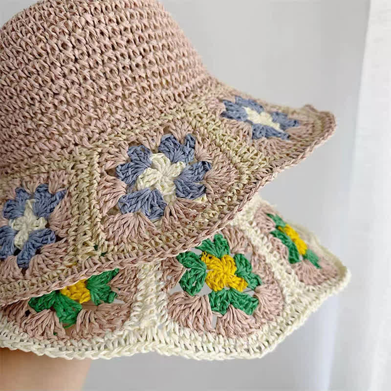 Women's Woven Floral Crochet Bucket Foldable Straw Hat - Image 4