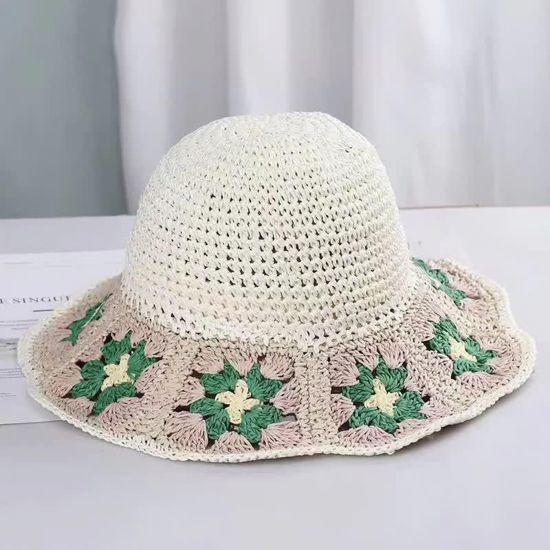 Women's Woven Floral Crochet Bucket Foldable Straw Hat - Image 6