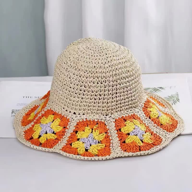 Women's Woven Floral Crochet Bucket Foldable Straw Hat - Image 7