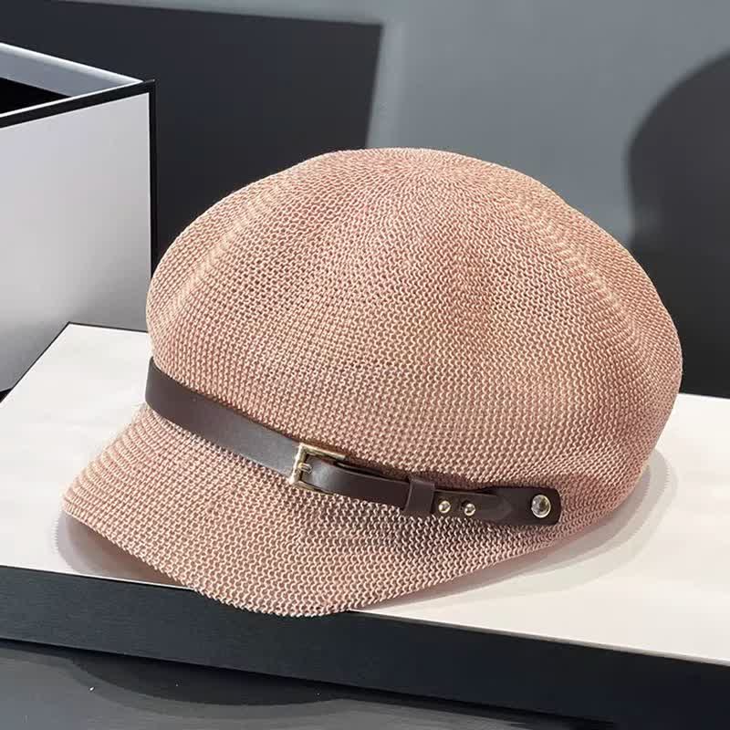 Women's Woven Leather Band Decor Beach Straw Beret Hat - Image 16