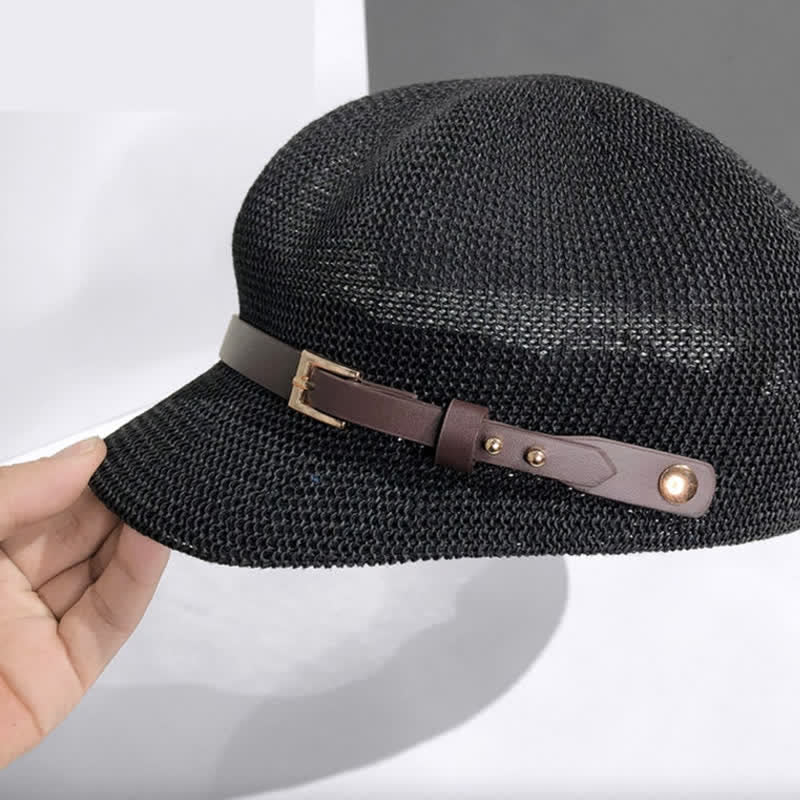Women's Woven Leather Band Decor Beach Straw Beret Hat - Image 8