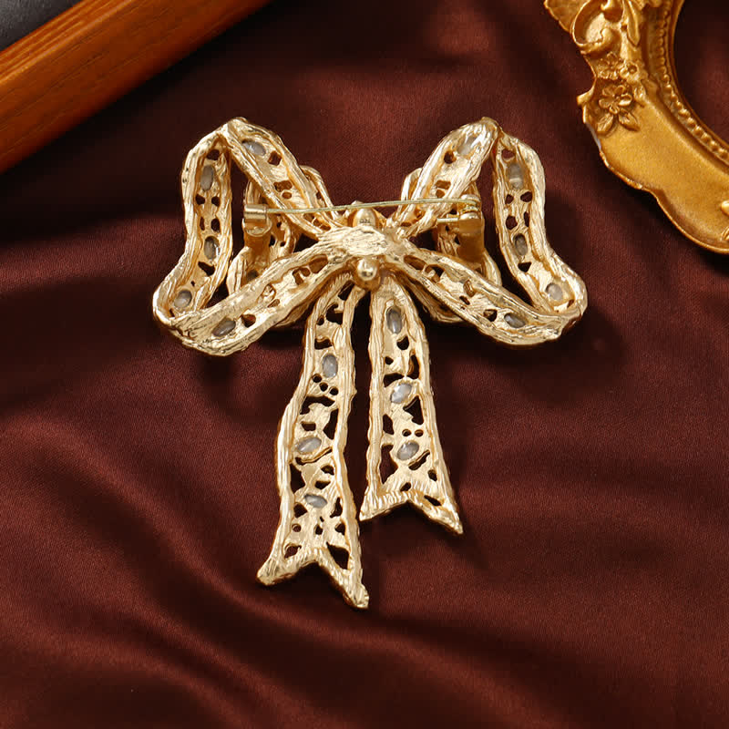 Wome's Fancy Gold Waved Metallic Ribbon Bow Knot Brooch - Image 3