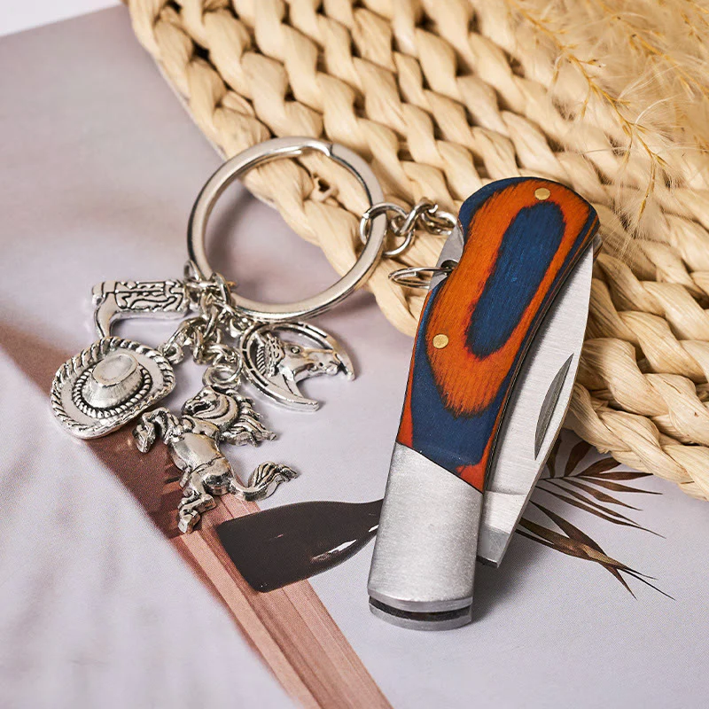 Wood Grain Folding Knife Silver Horse & Cowboy Hat Keychain - Image 2