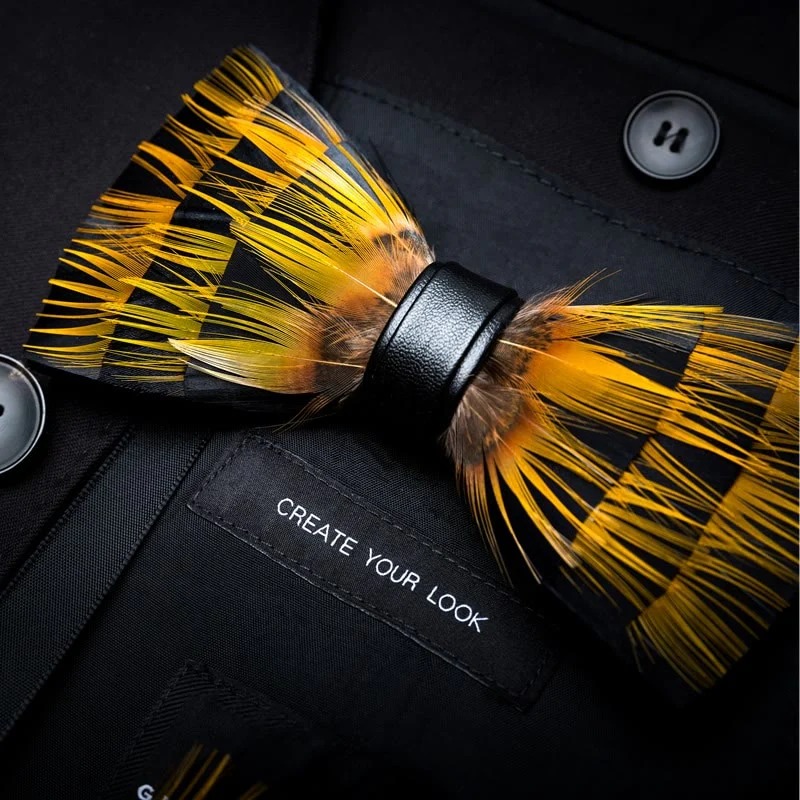 Yellow & Black Night Feather Bow Tie with Lapel Pin - Image 2