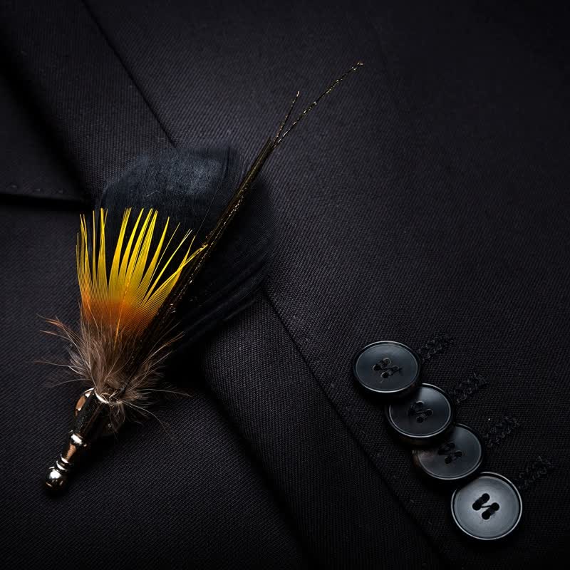 Yellow & Black Night Feather Bow Tie with Lapel Pin - Image 3