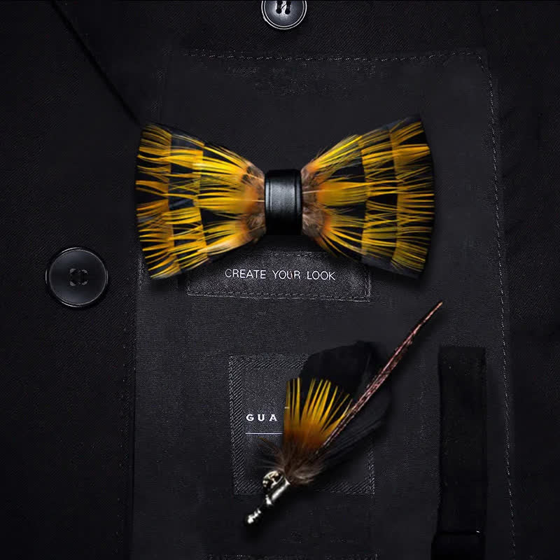 Yellow & Black Night Feather Bow Tie with Lapel Pin - Image 5