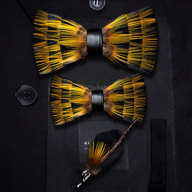 Yellow & Black Night Feather Bow Tie with Lapel Pin - Image 6