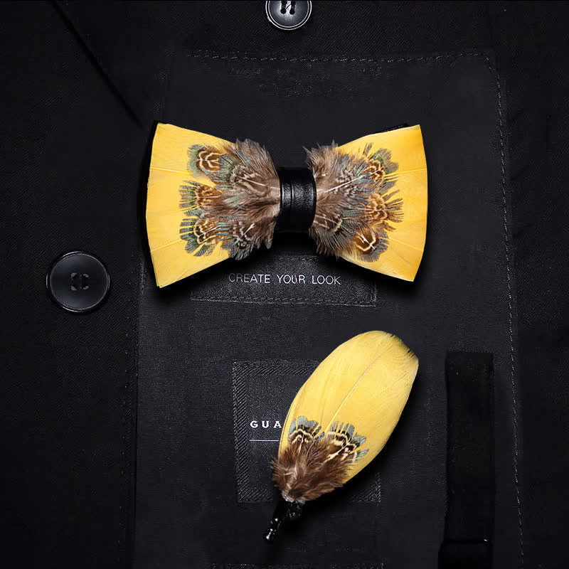 Yellow & Brown Pheasant Feather Bow Tie with Lapel Pin - Image 3