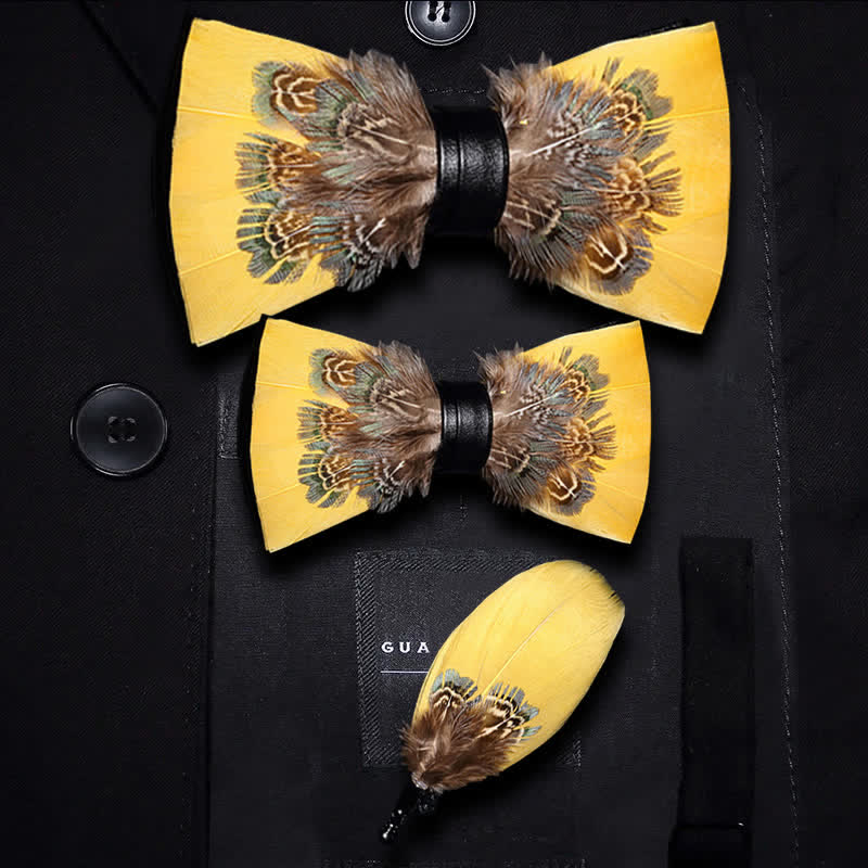 Yellow & Brown Pheasant Feather Bow Tie with Lapel Pin - Image 4