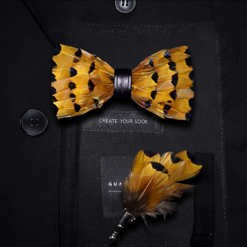 Yellow & Gold Finch Tail Feather Bow Tie with Lapel Pin - Image 4