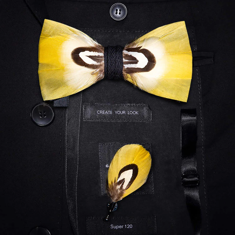 Yellow Parrot Feather Bow Tie with Lapel Pin