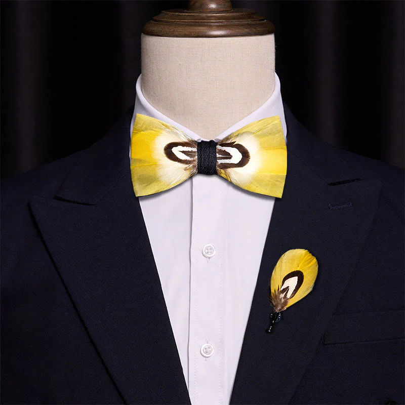 Yellow Parrot Feather Bow Tie with Lapel Pin - Image 2