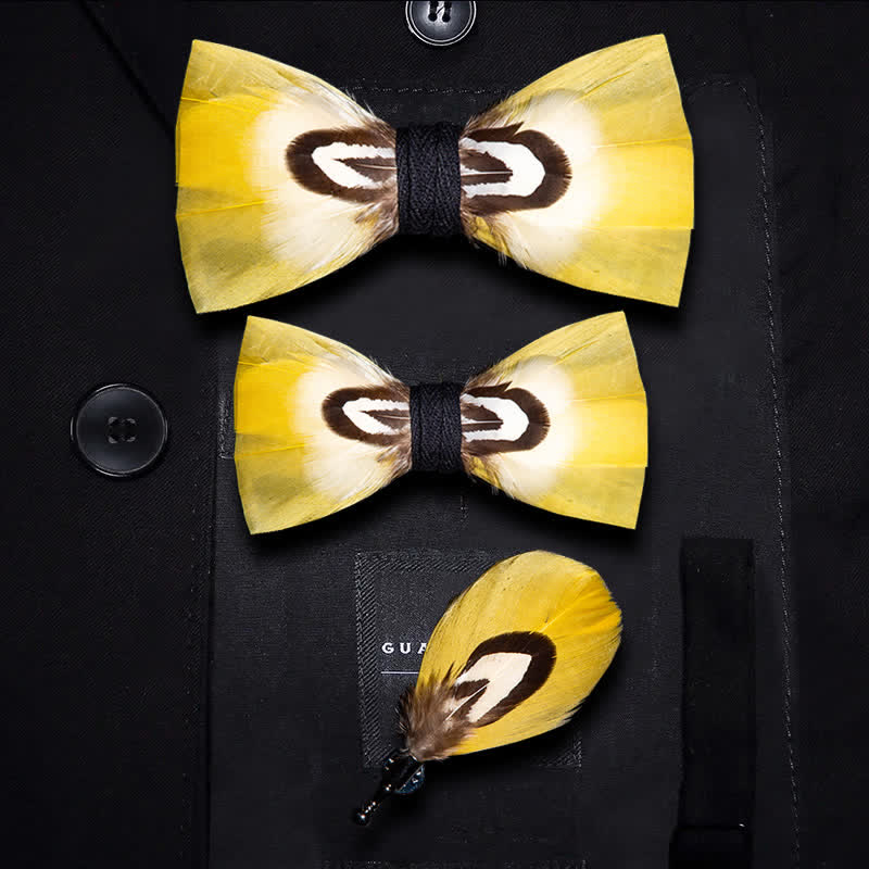 Yellow Parrot Feather Bow Tie with Lapel Pin - Image 6