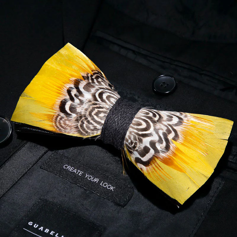 Yellow Tiger Print Feather Bow Tie with Lapel Pin - Image 2
