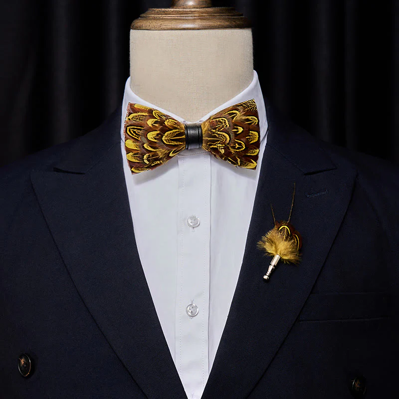 Yellow & Umber Pheasant Feather Bow Tie with Lapel Pin - Image 2