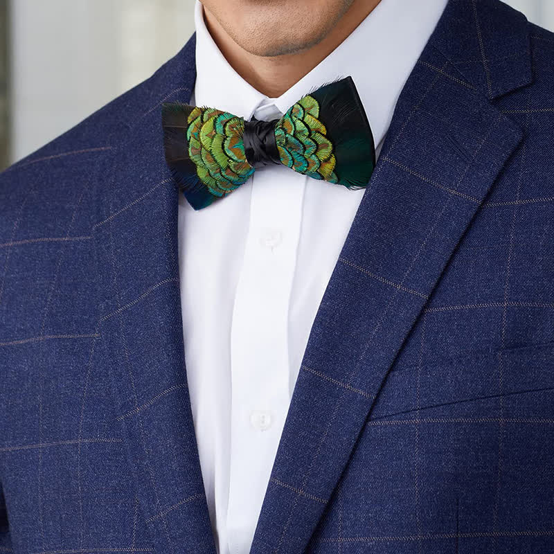 YellowGreen & Black Forest Goose Feather Bow Tie - Image 2