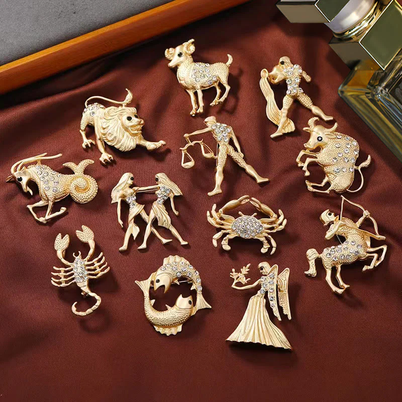 Zodiac Sign Diamond-Embellished Gold Brooch
